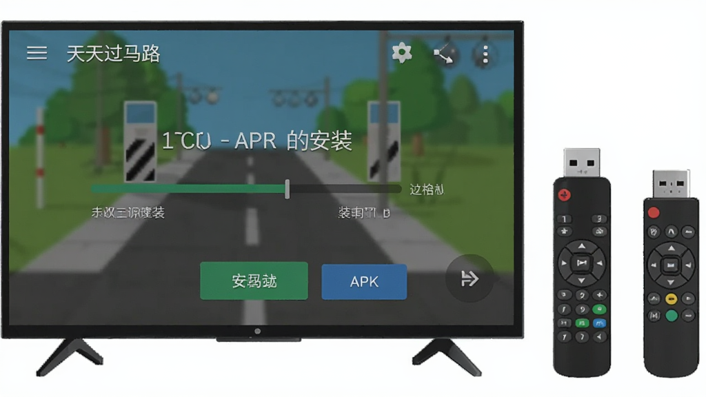一张展示安卓电视安装APK文件的步骤示意图,画面中电视屏幕上显示