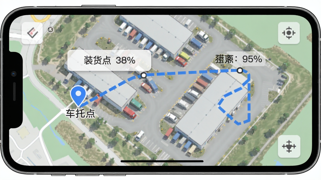 车托夫司机路线参考功能展示,画面为手机屏幕上的地图界面,标注装货点与当前位置之间的连线,背景是物流园区俯视图,布局以地图为主体、手机边框为辅,风格简洁实用,细节包含定位标记、距离数值与路线虚线,画质高清干净,无多余元素