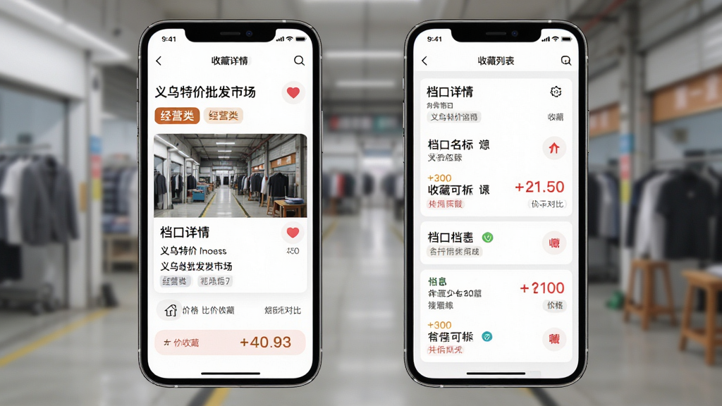 义乌特价批发市场软件档口信息与收藏比价功能展示,主体为手机屏幕呈现档口详情页与收藏列表对比,布局为左右分屏手机界面,排版突出信息层级,风格为简约商务风,细节包含档口名称、经营类目标签、收藏心形图标、价格对比数字,画质高清干净无多余装饰