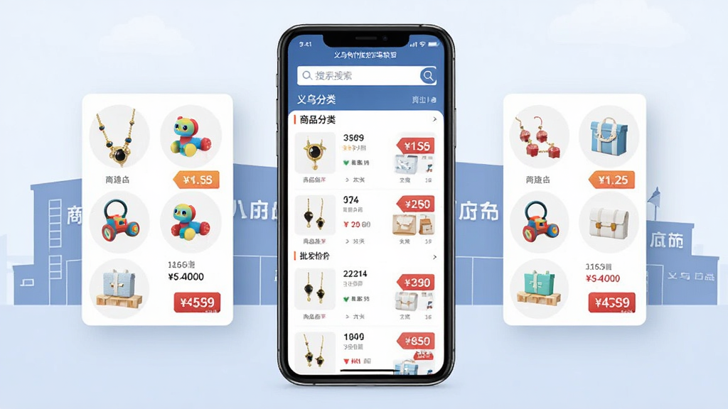 义乌特价批发市场软件首页界面展示,主体为手机屏幕中呈现商品分类列表与批发价格标签,布局采用居中手机模型加左右悬浮商品卡片,排版清晰分层,风格为现代扁平化电商设计,细节包含义乌小商品城建筑剪影背景、饰品玩具百货图标、价格标签与搜索框,画质高清干净无多余元素