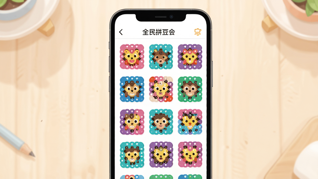 画面主体是一部手机屏幕,屏幕中显示全民拼豆会的图纸选择界面,界面上排列着多张彩色拼豆图案缩略图,布局上手机居中,背景为柔和的浅色桌面,风格采用扁平化UI插画风格,细节上缩略图色彩鲜艳、图标圆角清晰,画质干净清晰,无多余元素,图片中打文字“全民拼豆会”
