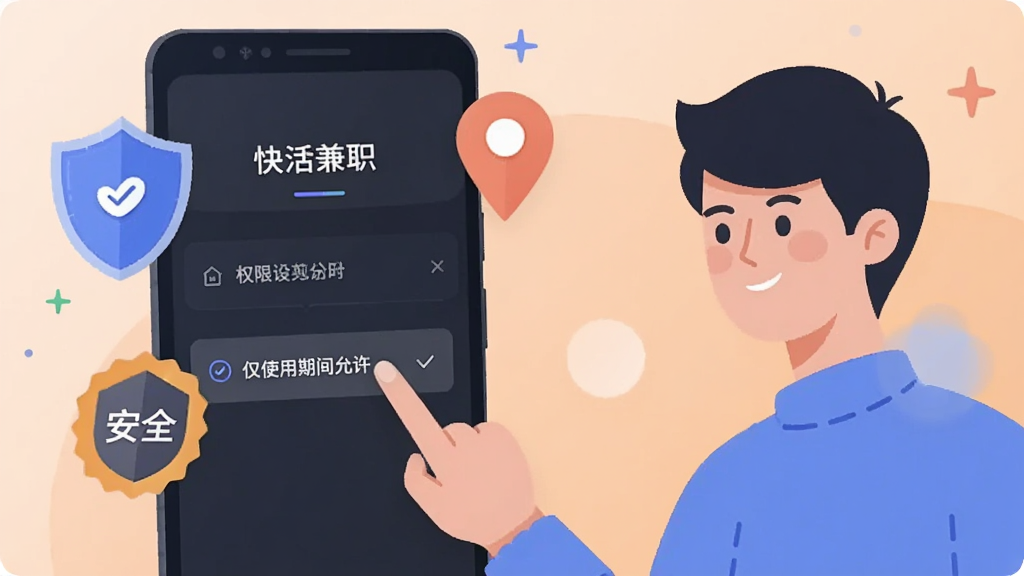 一部安卓手机屏幕显示快活兼职的权限设置页面,旁边漂浮着盾牌、定位图标和