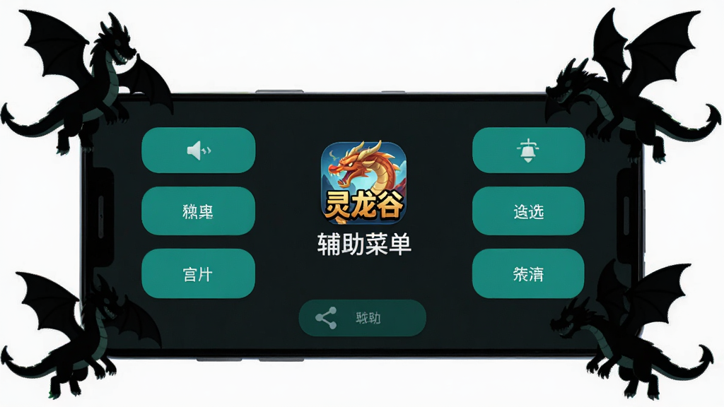一张安卓手机屏幕展示灵龙谷辅助菜单主界面,深色背景搭配青绿色功能按钮,界面中央有灵龙谷游戏图标与辅助菜单文字标识,手机周围环绕几只卡通风格的飞龙剪影,整体为扁平化UI设计风格,画面干净整洁,高清画质,无多余元素