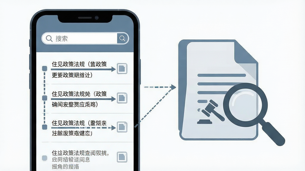 一张住见政策法规查阅功能示意图,主体为手机屏幕显示政策条文列表与搜索框,布局为左侧手机右侧展开的文件图标与放大镜元素,风格为商务简洁的信息图风格,细节包含蓝灰色调、条目式排版与重点标注线,画质高清,画面干净,无多余元素