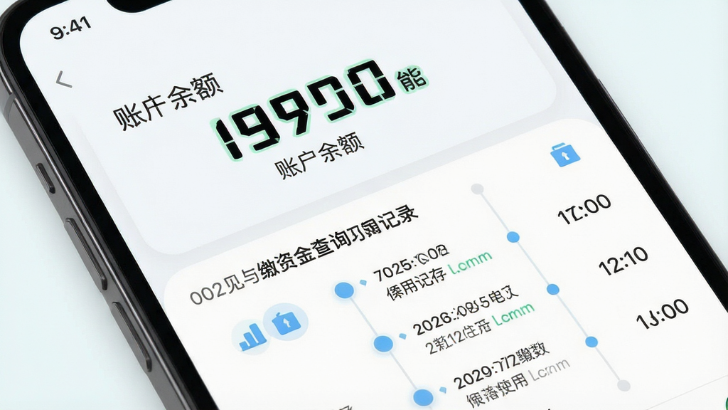 一张住见应用资金查询功能展示图,主体为手机界面特写,布局为上下分层,上方是账户余额大字展示,下方是缴存与使用记录时间轴,风格为清爽简约的移动端UI展示风,细节包含数字高亮、图标点缀与浅色背景,画质高清,画面干净,无多余元素