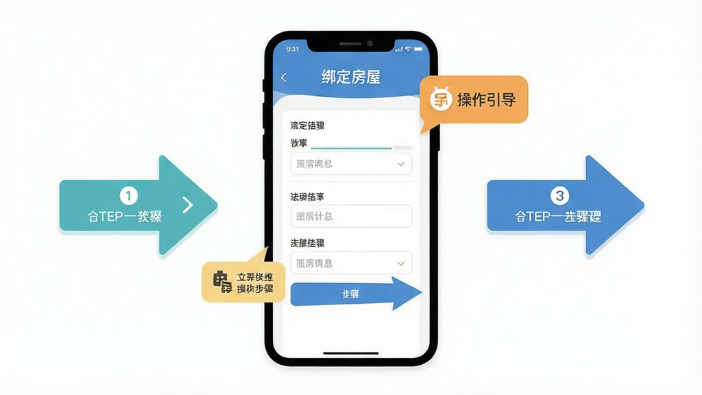 一张住见应用新手操作引导示意图,主体为手机屏幕展示绑定房屋信息步骤页面,布局为居中手机加左右步骤箭头标注,风格为扁平化教程插画,细节包含清晰的步骤序号、表单填写示意与提示气泡,画质高清,画面干净,无多余元素