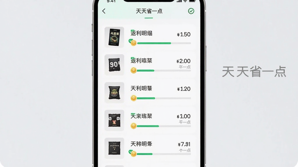 主体为手机屏幕展示返利明细时间轴界面,布局为竖向列表排列每行包含商品缩略图与金额数字,排版左图右文对齐,风格为简约商务数据展示风,细节包含绿色对勾图标、金币符号、进度条,画面中打文字