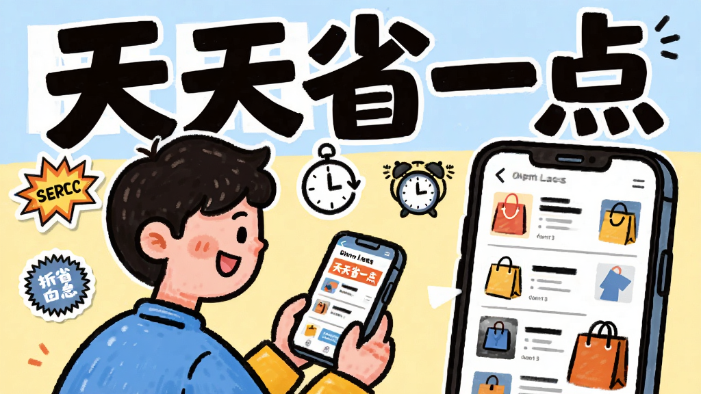 主体为一位卡通人物手持手机浏览折扣信息流,布局人物居左手机屏幕居右形成对话式构图,排版采用杂志封面式大标题压顶,风格为活泼手绘插画风,细节包含爆炸贴纸、时钟图标、购物袋元素,画面中打文字