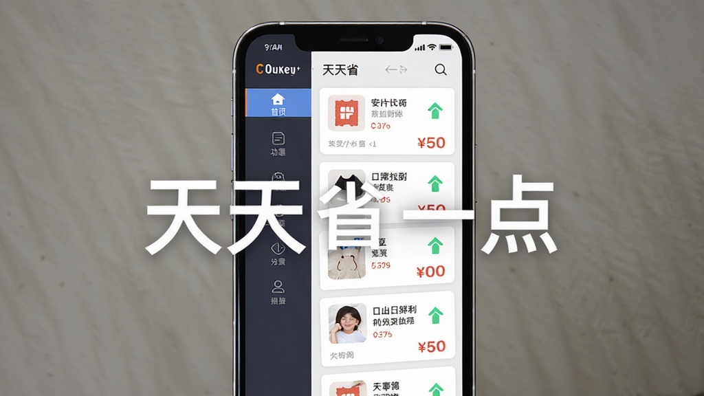 主体为一部智能手机居中放置,屏幕显示购物优惠券列表界面,布局采用左右分栏排版,左侧为功能导航栏右侧为商品卡片流,风格为清爽扁平化移动应用展示风,细节包含优惠券图标、价格标签、返利箭头等元素,画面中打文字