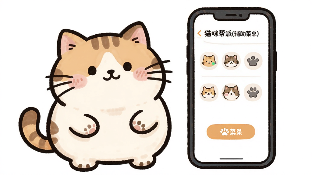 画面主体是一只圆润可爱的卡通猫咪站在手机屏幕旁,屏幕上显示猫咪帮派辅助菜单界面,布局为左猫右手机居中构图,排版简洁留白充足,风格为清新卡通手绘插画,细节包括猫咪胡须、肉垫、菜单按钮图标,画质清晰干净,画面中文字为