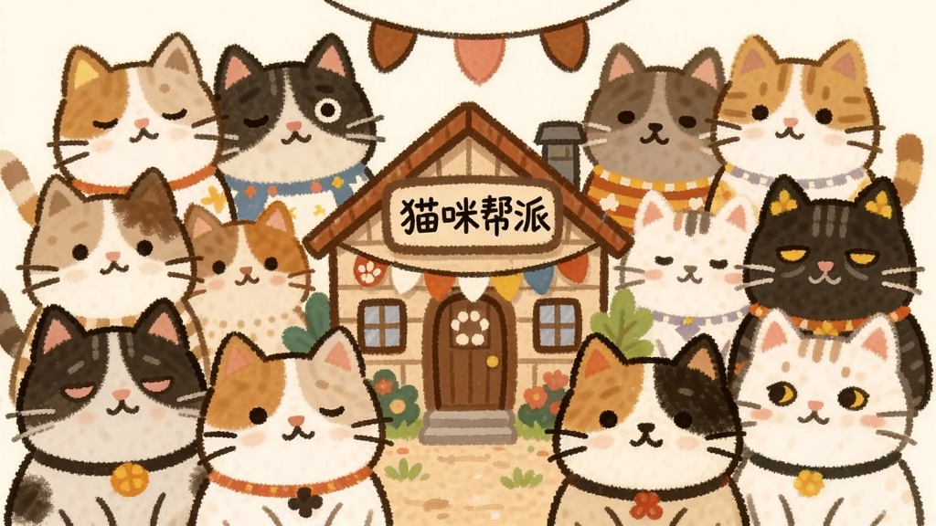 画面主体是多只不同花色的卡通猫咪聚集在帮派小屋前,布局为猫咪群像环绕小屋的环形构图,排版层次分明,风格为温暖手绘插画,细节包括猫咪表情、小屋招牌、装饰旗帜,画质清晰干净,画面中文字为