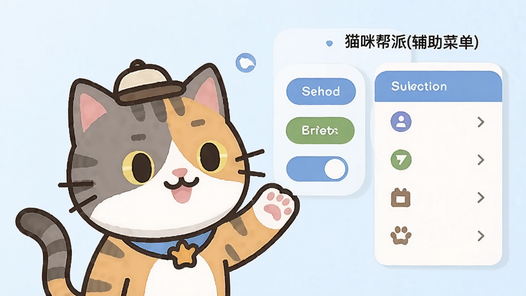 画面主体为一只戴着小帽子的卡通猫咪用爪子点击悬浮菜单面板,布局为猫咪在左菜单面板在右的并排构图,排版干净有序,风格为扁平卡通插画,细节包括悬浮按钮、开关滑块、功能图标,画质清晰干净,画面中文字为