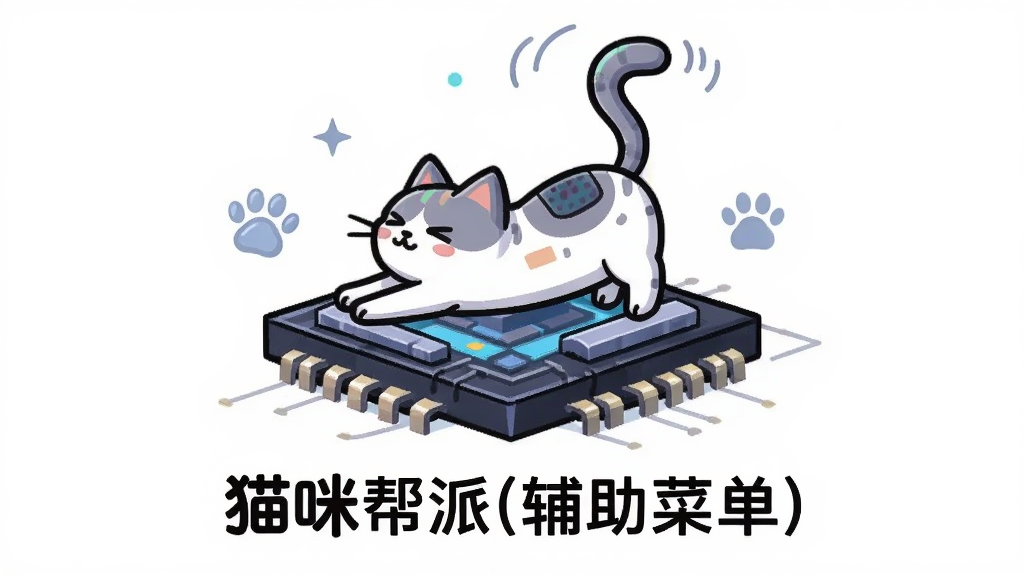 画面主体是一只卡通猫咪在手机芯片上方伸懒腰,布局为猫咪在上芯片在下的垂直构图,排版简约居中,风格为科技感与卡通融合的插画,细节包括芯片纹理、猫咪尾巴弧线、轻量图标,画质清晰干净,画面中文字为
