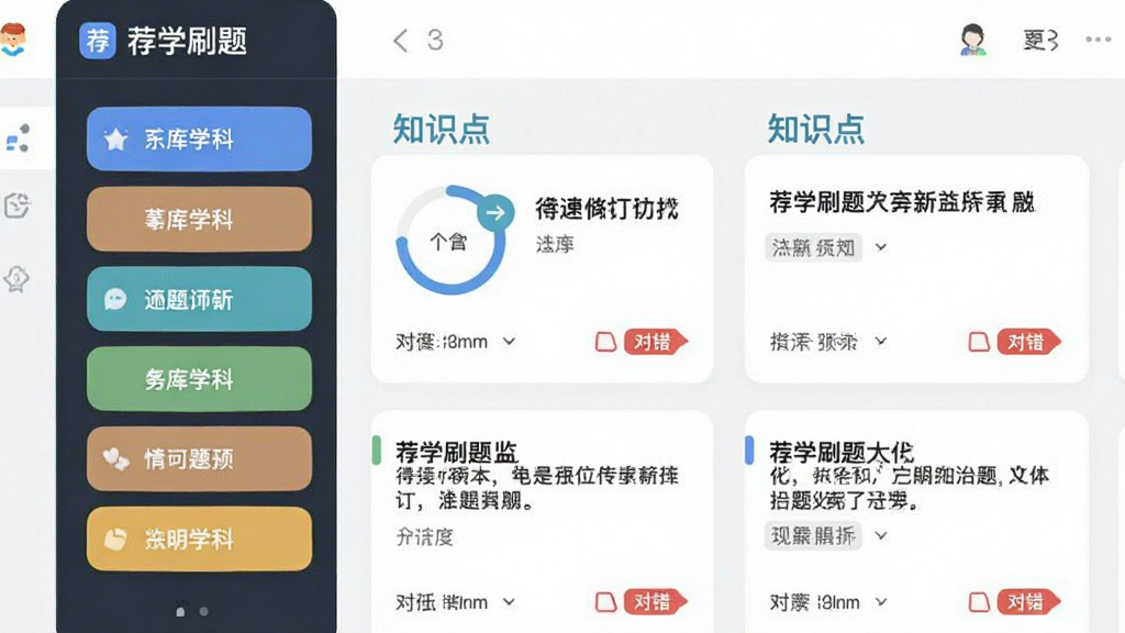 画面主体为“荐学刷题”题库分类界面,左侧竖排学科标签,右侧展示题目卡片与知识点标签,布局采用左右分栏,风格扁平化教育风,细节包含进度环与对错标记,画质干净明亮,无杂乱装饰