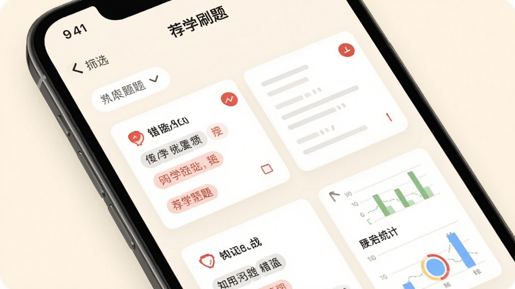 展示“荐学刷题”错题本页面,手机屏幕中排列错题卡片,带有红色标记与知识点标签,背景为柔和米白色,布局上下结构,风格清爽学习风,细节包含筛选按钮与统计小图表,画质清晰干净