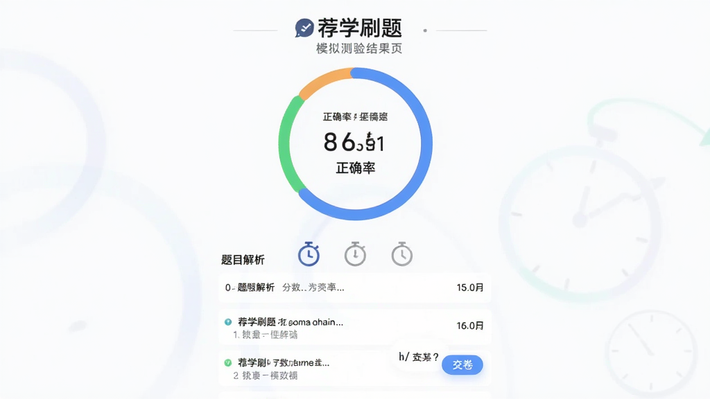 画面呈现“荐学刷题”模拟测验结果页,中央为分数圆环与正确率数字,下方排列题目解析列表,布局居中纵向,风格数据可视化教育风,细节包含计时器图标与交卷按钮,画质干净无多余元素