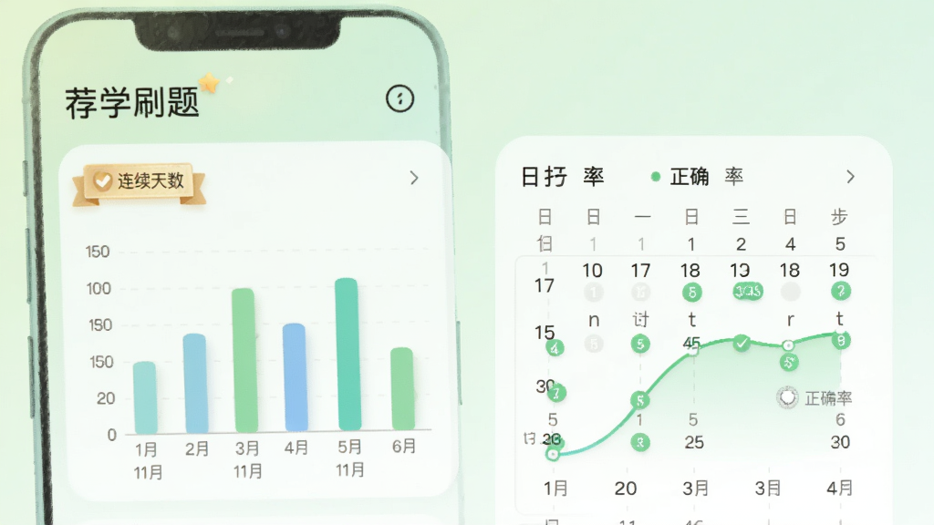 展示“荐学刷题”学习统计页面,手机界面中有柱状图与日历打卡标记,背景为浅绿渐变,布局上下分区,风格轻量数据风,细节包含连续天数徽章与正确率曲线,画质清晰柔和