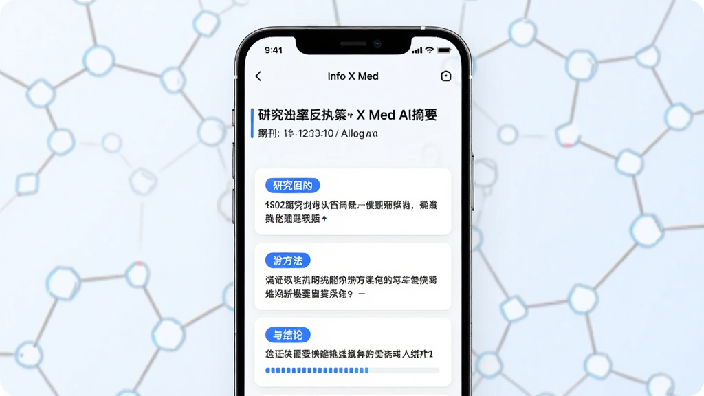 画面主体为手机屏幕中展示“Info X Med”的AI摘要界面,上方为论文标题与期刊信息,下方以分点卡片形式呈现研究目的、方法与结论,布局为手机居中、背景有淡淡的分子结构线条,风格为科技医疗插画风,细节包括中文摘要文字、蓝色标签与进度条装饰,画质高清、干净、无多余元素