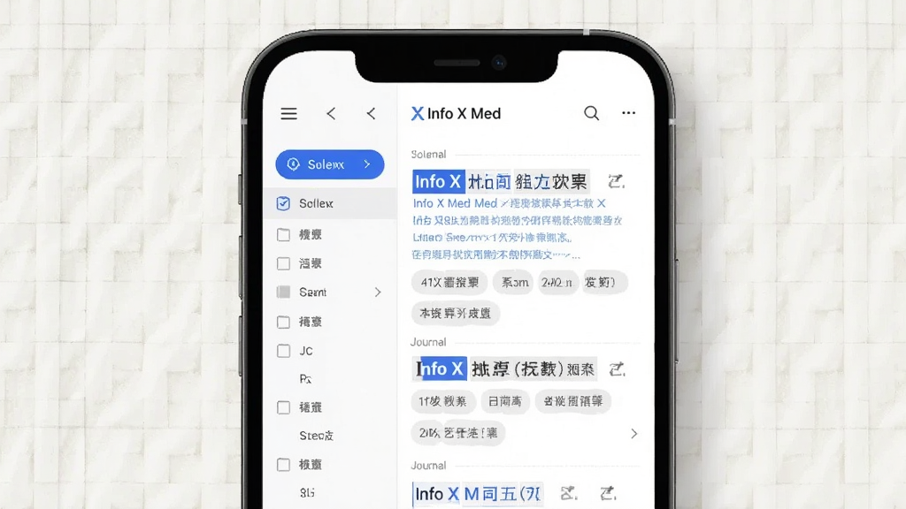 画面主体为一部手机屏幕特写,屏幕内显示“Info X Med”文献检索结果列表,左侧有筛选侧边栏,右侧为文献条目与期刊标签,布局采用手机居中、背景为浅色网格纹理,风格为清爽的信息图表风,细节包括蓝色高亮的关键词、圆角筛选按钮与细线分隔,画质清晰、干净、无多余元素