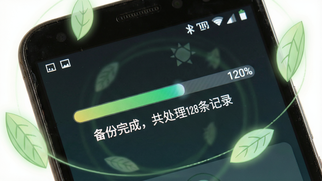 一部略显旧款的安卓手机屏幕特写,界面显示备份进度条已走到百分之百,下方文字为“备份完成,共处理128条记录”,手机顶部状态栏显示电量和信号图标,屏幕周围有淡绿色的节能叶片环绕图形,象征低功耗运行,风格为简洁信息图,细节包括进度条的渐变填充和数字的清晰字体,画质干净明亮,无杂乱背景