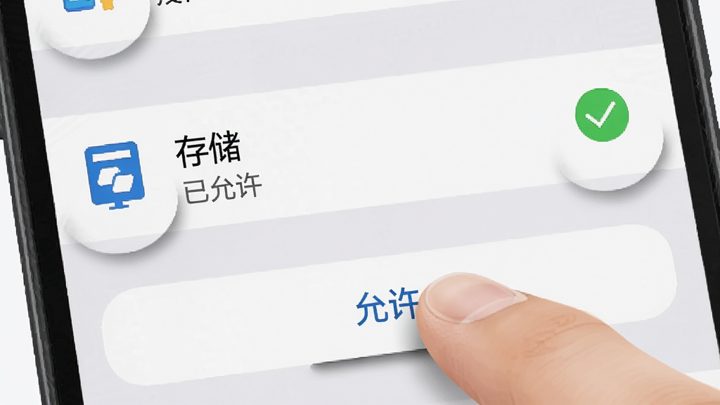 手机屏幕显示权限设置页面,列表中有“存储”权限项被高亮标记为“已允许”,旁边有一个绿色勾选图标,屏幕下方有一只手指正点击“允许”按钮,背景为浅灰色系统设置界面,风格为操作示意图,细节包括按钮的按压反馈阴影和权限图标的清晰轮廓,画质干净,无多余文字干扰