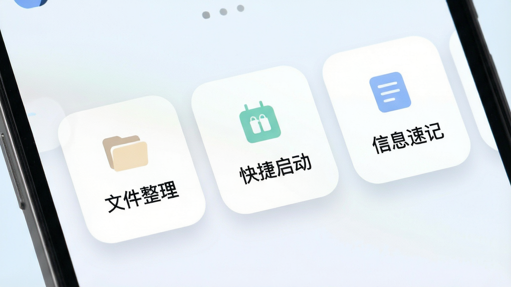 简星枢软件功能分区界面特写,屏幕内三个功能模块卡片并排展示,卡片上分别标注文件整理、快捷启动、信息速记字样;主体为手机屏幕局部,布局左右均衡,排版疏朗;风格清新扁平,浅色背景配柔和阴影;细节上卡片圆角统一、图标简约、文字清晰;画质高清、画面干净、无多余元素