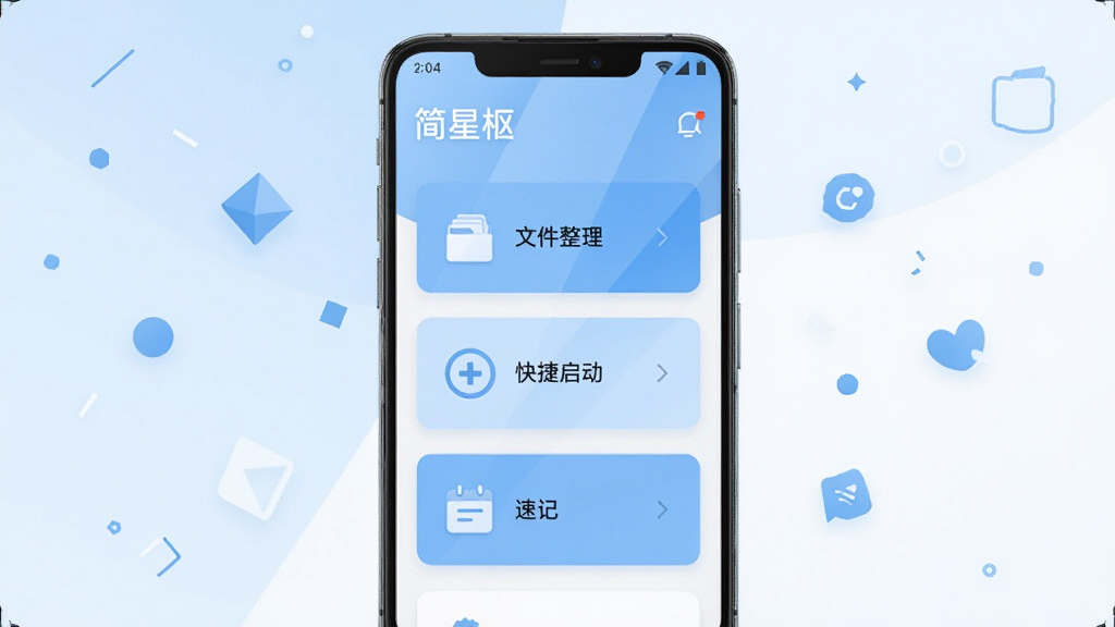 画面主体为一部竖屏安卓手机,手机屏幕中央展示简星枢软件主界面,界面包含文件整理、快捷启动、速记三个功能入口卡片;布局采用居中构图,手机两侧点缀少量几何图形与轻量图标;排版简洁,功能卡片纵向排列;风格为扁平化现代科技风,浅蓝与白色主色调;细节上手机边框清晰、屏幕反光自然、图标线条干净;画质高清、画面干净、无多余元素