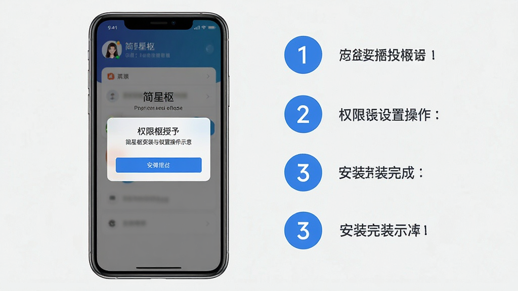 简星枢安装与权限设置操作示意图,手机屏幕显示权限授予弹窗与安装完成界面,旁边配简洁步骤序号图形;主体为手机界面与步骤图标组合,布局纵向排列,排版清晰;风格为教程图解风,浅色背景配蓝色强调;细节上弹窗按钮清晰、序号图形简洁、界面元素分明;画质高清、画面干净、无多余元素