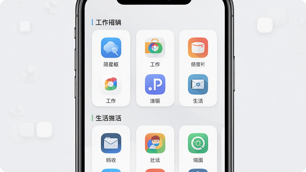 简星枢快捷启动面板展示图,手机屏幕内呈现分组式应用图标网格,分为工作与生活两组,图标整齐排列;主体为手机正面,布局居中,排版规整;风格为现代简约卡片风,白色与浅灰配色;细节上图标清晰、分组标签明显、间距均匀;画质高清、画面干净、无多余元素