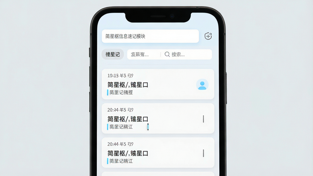 简星枢信息速记模块界面,手机屏幕显示按时间排列的速记条目列表,顶部有输入框与检索栏;主体为手机竖屏界面,布局上下结构,排版清晰;风格为清爽浅色系,文字深灰配浅蓝点缀;细节上条目卡片分隔明确、时间标签细小、输入框光标可见;画质高清、画面干净、无多余元素