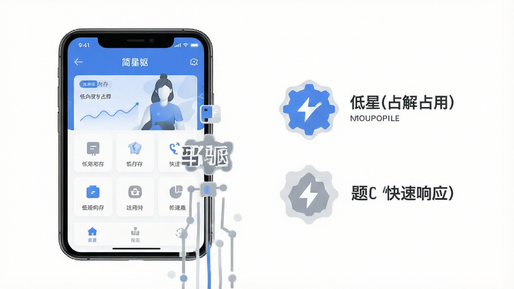 简星枢软件运行状态示意图,手机屏幕显示软件主界面,旁边以简洁图形示意低内存占用与快速响应;主体为手机与抽象性能图标组合,布局左右呼应,排版平衡;风格为科技感扁平插画,蓝白灰配色;细节上性能图标线条简洁、手机界面清晰、背景留白充足;画质高清、画面干净、无多余元素