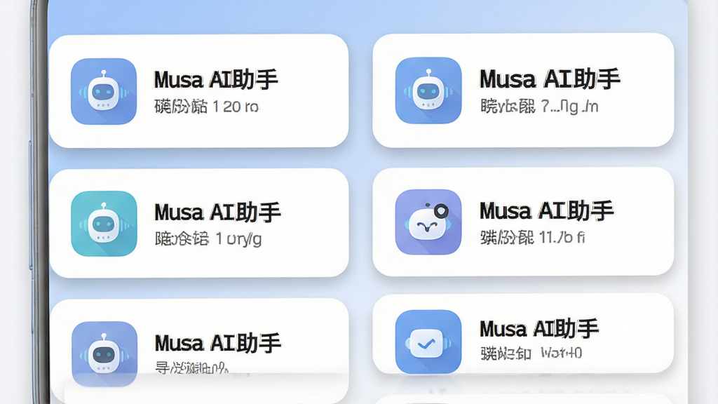 一张功能界面展示图,画面为安卓手机屏幕特写,屏幕上以卡片形式排列“Musa AI助手”的多个功能模块,卡片带有图标与简短文字说明,布局为两列网格,风格扁平清新,细节包含柔和投影与圆角卡片,画质高清干净,无多余元素