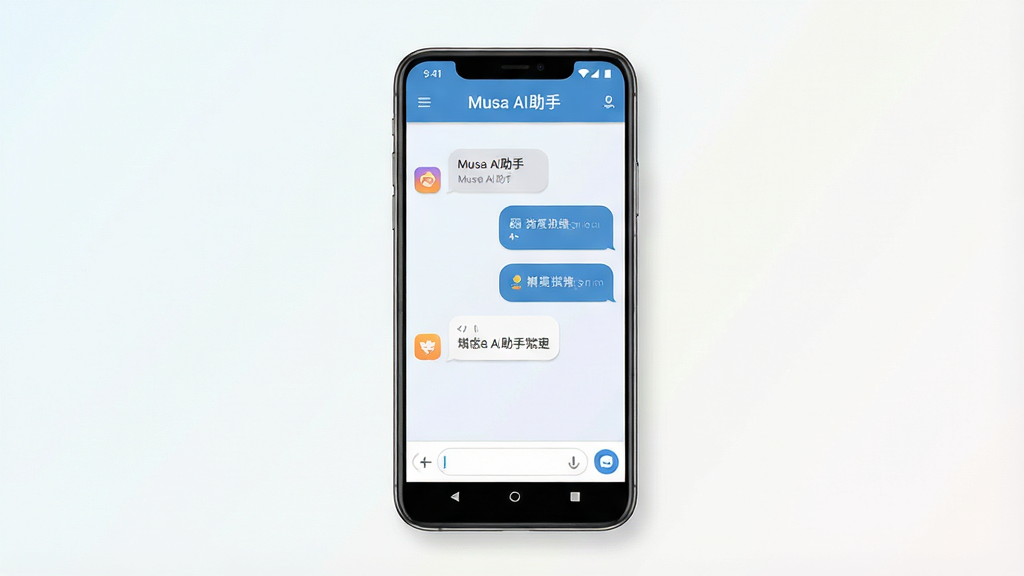 一张手机应用界面展示图,画面中央是一部竖屏安卓手机,屏幕上显示“Musa AI助手”的聊天对话界面,顶部有软件名称“Musa AI助手”字样,界面包含对话气泡与输入框,背景为简洁的浅色渐变,布局居中对称,风格现代清爽,细节包括圆角图标与柔和阴影,画质高清干净,无多余元素