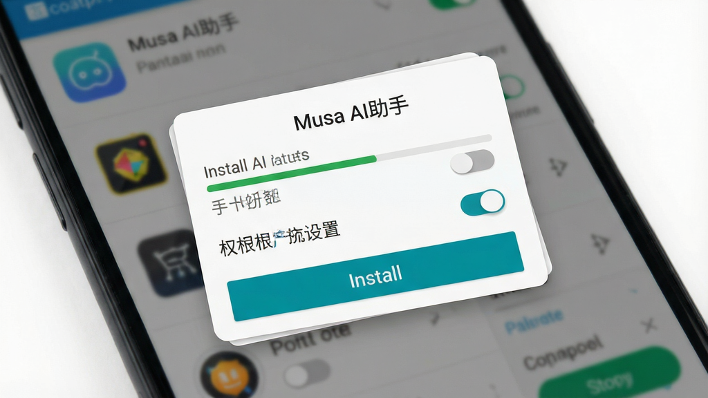 一张安卓手机安装设置界面示意图,画面为手机屏幕特写,屏幕显示“Musa AI助手”安装进度与权限设置弹窗,布局为居中弹窗与背景模糊的应用列表,风格写实清晰,细节包含权限开关与安装按钮,画质高清干净,无多余元素