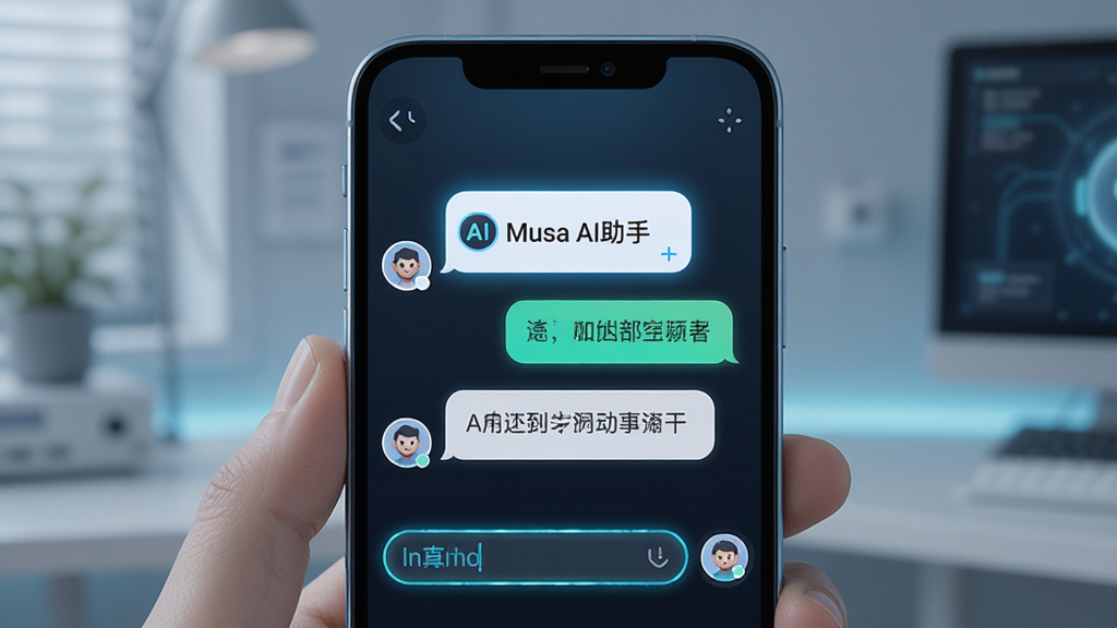 一张AI对话场景展示图,画面主体为一部安卓手机屏幕,屏幕中央显示“Musa AI助手”的对话气泡,用户与AI一问一答,布局为上下排列的聊天气泡,风格简约科技感,细节包含发光输入框与圆角头像,画质清晰干净,无多余元素