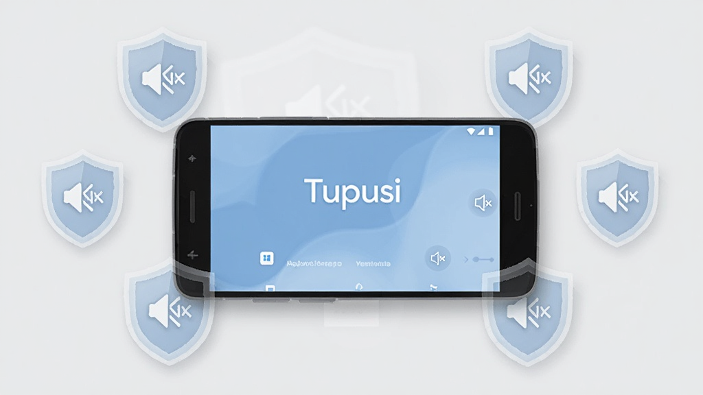 画面主体为一部平放的安卓手机,手机屏幕显示“Tupusi”应用界面,界面周围环绕着半透明的盾牌图标与静音符号,布局为手机居中,盾牌与符号呈环形分布,风格为扁平化插画风,细节包括柔和的阴影与浅灰色背景,画质清晰,画面干净简洁