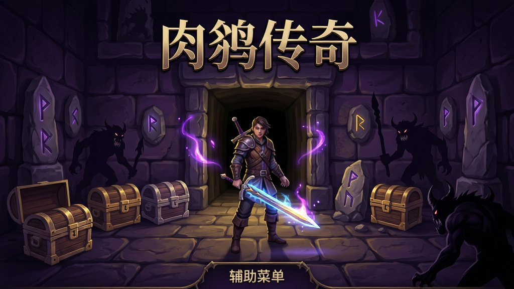 一款暗黑奇幻风格的手机游戏主界面,画面中央是一位手持发光长剑的冒险者站在随机生成的地牢入口前,四周环绕着宝箱、符文石与怪物剪影,屏幕上方浮现