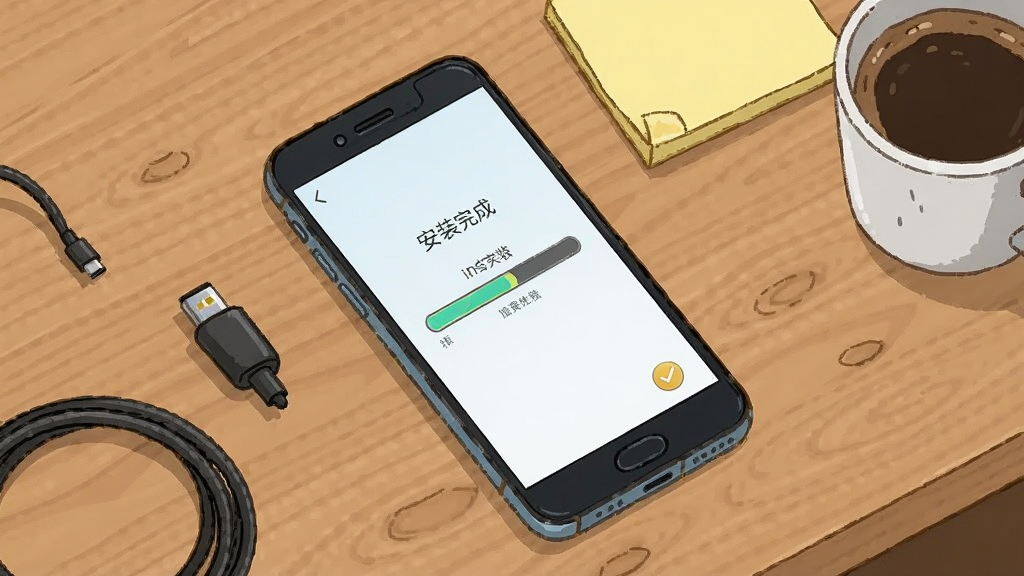 一部智能手机平放在桌面上,屏幕显示游戏安装进度条与