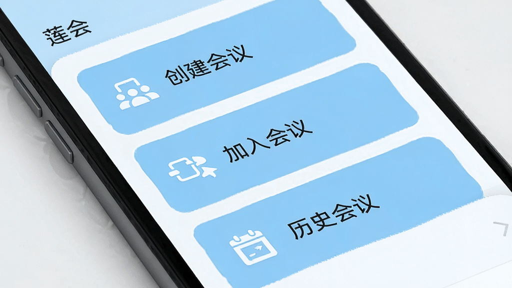 手机应用界面特写,画面展示“莲会”应用的主界面,三个醒目的功能卡片纵向排列,分别标注“创建会议”“加入会议”“历史会议”,配色为浅蓝与白色搭配,布局规整,风格简约,画质清晰干净