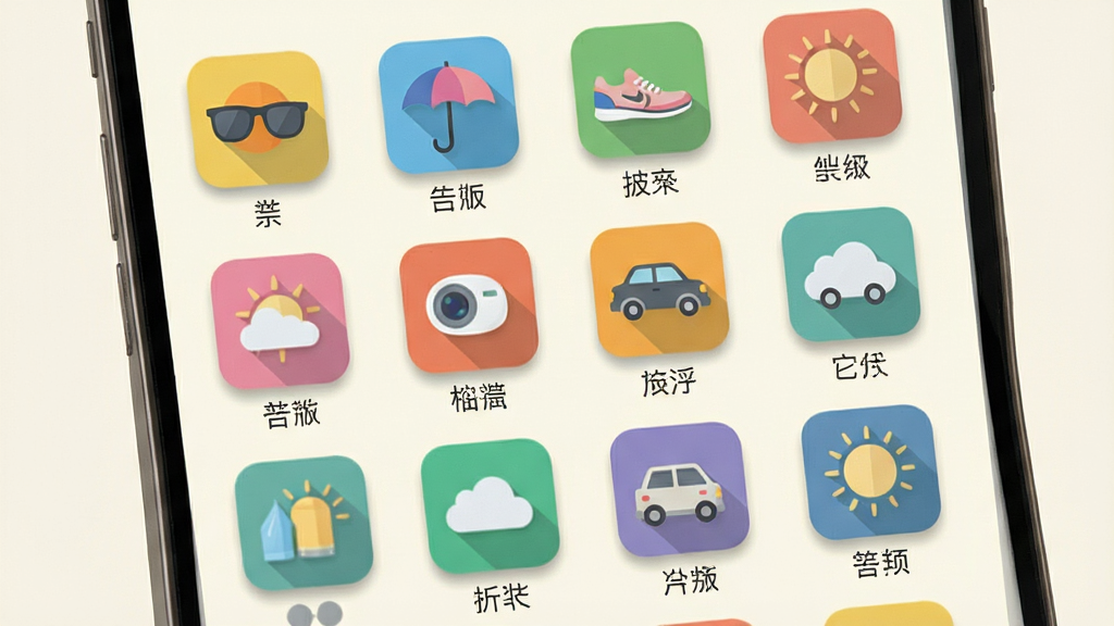 天气预报精准看生活指数页面展示图,画面主体为手机屏幕内排列整齐的彩色图标矩阵,包含太阳镜、雨伞、运动鞋、汽车等图形符号;布局为两列网格状,每个图标下方配有简短文字标签;风格为清新扁平化设计;细节上图标带有轻微投影,背景为米白色;画质高清,干净无多余元素