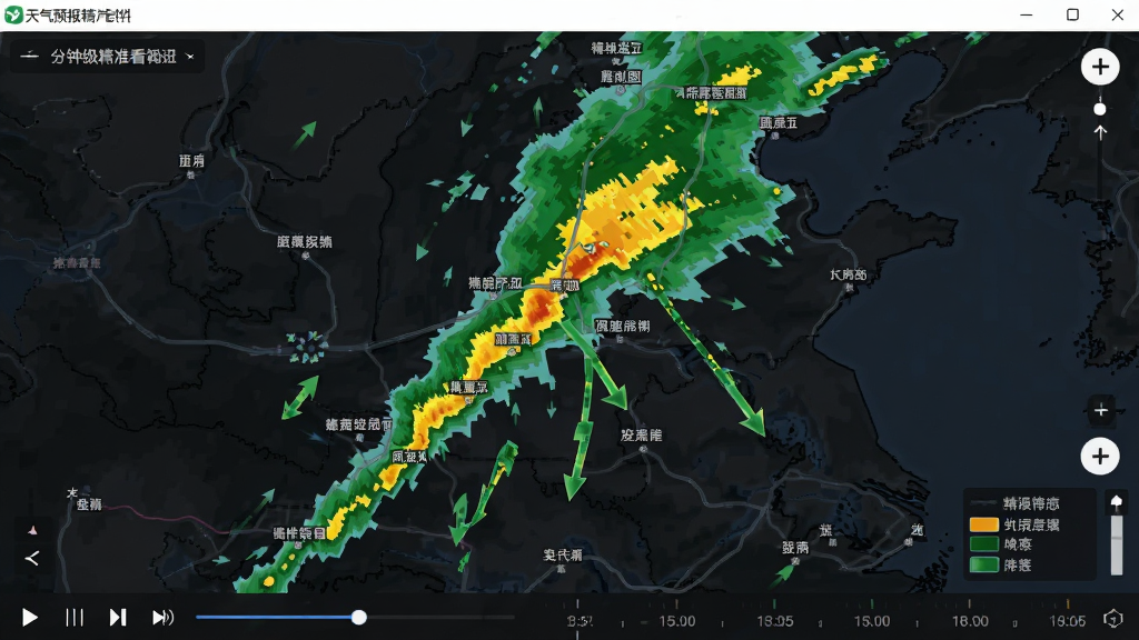 天气预报精准看软件中的分钟级降水雷达图界面,画面中心为深色地图背景,叠加绿色与黄色雷达回波色块,显示雨带移动方向箭头;布局为全屏地图模式,底部有播放控制条与时间刻度;风格为专业气象可视化风格;细节包含城市名称标注与图例说明;画质清晰,干净无多余元素