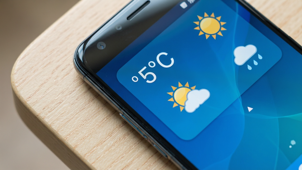 天气预报精准看应用在手机桌面添加小组件后的效果展示图,画面主体为一部安卓手机桌面,桌面上方排列着天气小组件,显示当前温度与晴雨图标;布局为俯视角度,手机下方有浅色木纹桌面;风格为生活化实拍风格;细节上手机屏幕边缘有轻微反光,小组件文字清晰可读;画质高清,干净无多余元素