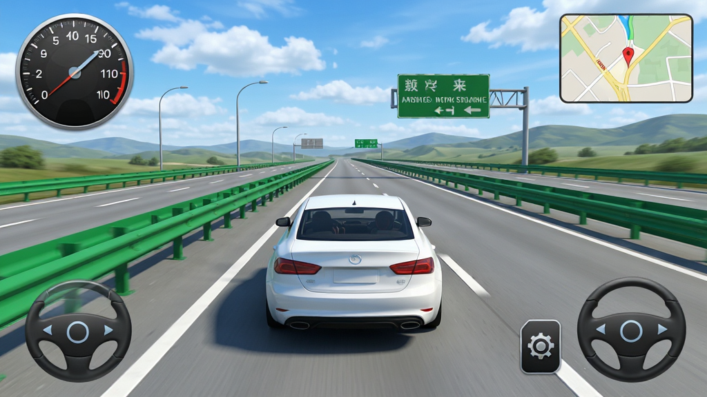 高速公路汽车驾驶应用主界面展示,画面中央是一辆白色轿车行驶在宽阔的高速公路上,道路两侧有绿色护栏和交通指示牌,远处是蓝天白云与连绵山丘,界面四周分布着速度表、方向盘控制按钮和地图小窗,整体采用写实风格,色彩明亮,布局清晰,画质干净细腻,无多余元素