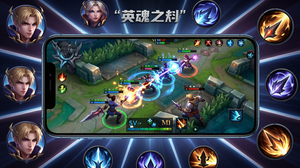 画面主体为一部横向放置的智能手机,屏幕中显示着色彩绚丽的5V5MOBA游戏对战画面,多位风格各异的英雄角色正在释放技能,布局为手机居中,四周环绕着游戏内的标志性英雄头像与技能图标,排版采用充满动感的放射状构图,风格为现代科技感与电竞风结合,细节上突出屏幕的光影质感与英雄技能的粒子特效,画质为4K超高清,画面干净整洁,无多余杂乱元素,图片中可打上引号文字“英魂之刃”。