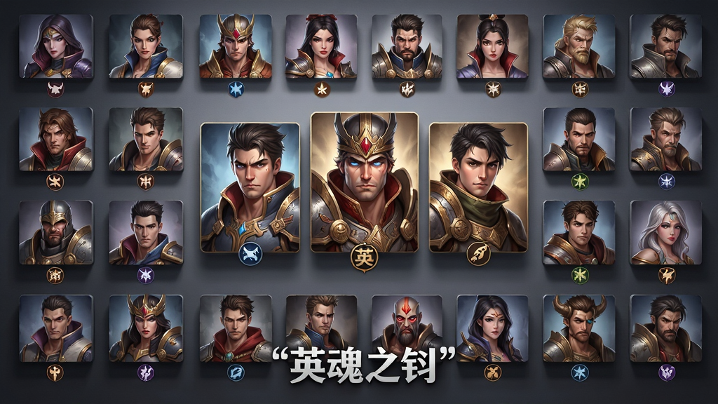 画面主体为一面巨大的英雄展示墙,墙上排列着数十位不同职业定位的英雄半身像,每位英雄下方标注着职业图标,布局为网格状排列但中心区域突出展示三位核心英雄,排版采用错落有致的画廊式构图,风格为精致二次元与写实奇幻混搭,细节上呈现英雄服饰的材质差异与表情神态,画质为4K超高清,画面干净整洁,无杂乱背景,图片中可打上引号文字“英魂之刃”。