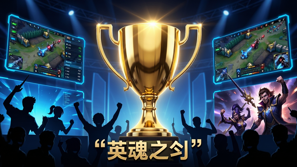 画面主体为一座闪耀着金色光芒的电竞赛事奖杯,奖杯周围环绕着欢呼的观众剪影与虚拟屏幕上的对战数据面板,布局为奖杯居中放大,左右两侧分别展示参赛选手的剪影与游戏内英雄的助威动作,排版采用居中对称的仪式感构图,风格为盛大电竞与未来科技感,细节上突出奖杯的金属反光与屏幕数据的荧光蓝,画质为8K超高清,画面干净利落,无多余装饰,图片中可打上引号文字“英魂之刃”。