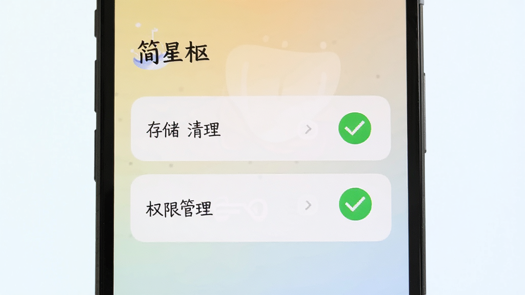 手机屏幕显示“简星枢”应用设置页面,页面上有存储清理和权限管理选项,旁边配有一个绿色对勾图标表示状态正常,背景为浅色渐变,整体风格清爽干净,排版规整,画质清晰,无多余元素