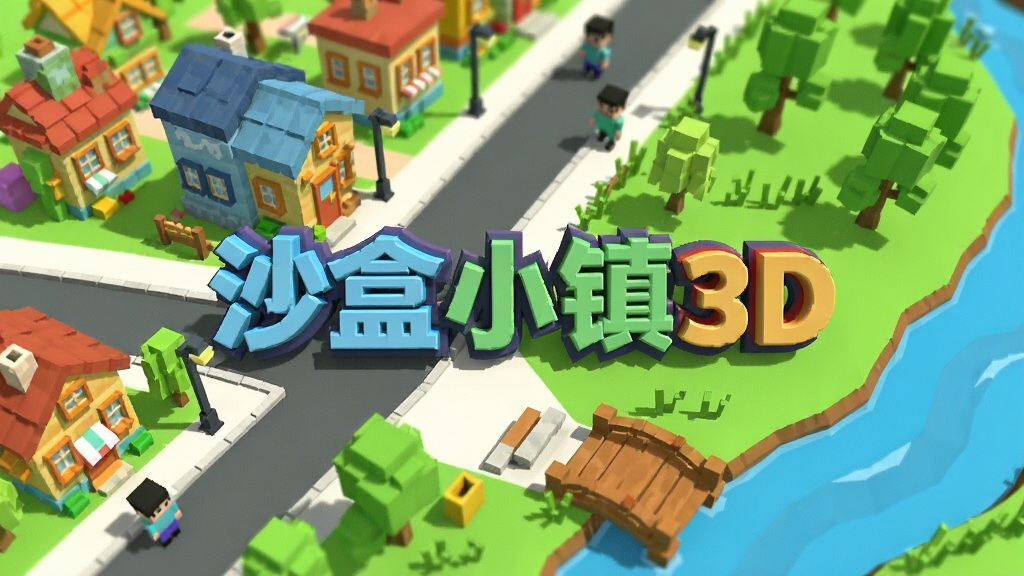 画面主体为一座色彩明快的3D方块小镇,布局上左侧是错落有致的彩色房屋与街道,右侧是绿地和河流,中央留出视觉焦点展示“沙盒小镇3D”立体字样;排版采用横版宽幅构图,风格为卡通低多边形3D渲染,细节包括树木、路灯、小桥和行走的像素小人;画质清晰干净,无多余元素,整体明亮活泼。