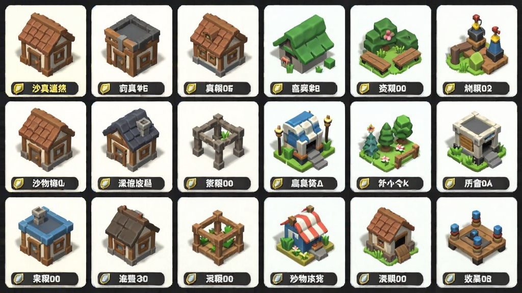 沙盒小镇3D道具展示界面,主体为排列整齐的方块道具与装饰物,布局上采用网格化陈列,左侧为建筑类道具,右侧为景观与功能设施;排版为平铺展示风格,细节包含道具图标、名称标签与品质光效;画质干净,无多余元素。