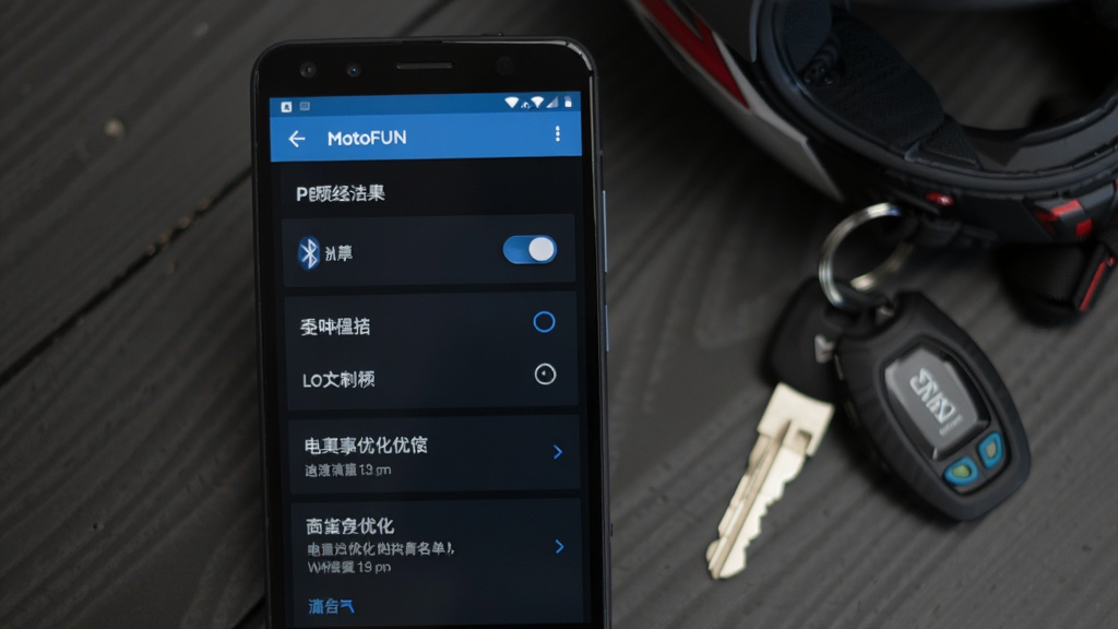 画面主体为一部安卓手机屏幕显示MotoFUN权限设置页面,旁边放着摩托车钥匙和头盔,布局为手机居中偏左,钥匙头盔在右侧虚化背景中,排版采用俯拍桌面视角,风格为实用教程配图感,细节包括手机界面上的蓝牙权限开关、定位权限选项、电池优化白名单设置项,画质清晰干净无多余元素